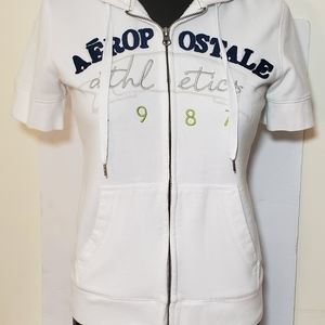 M Aeropostale Short Sleeve White Zip up Sweater